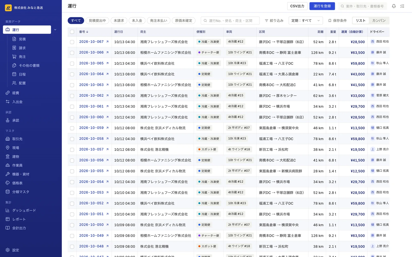 運送業の運行管理画面・荷主別の運賃自動計算