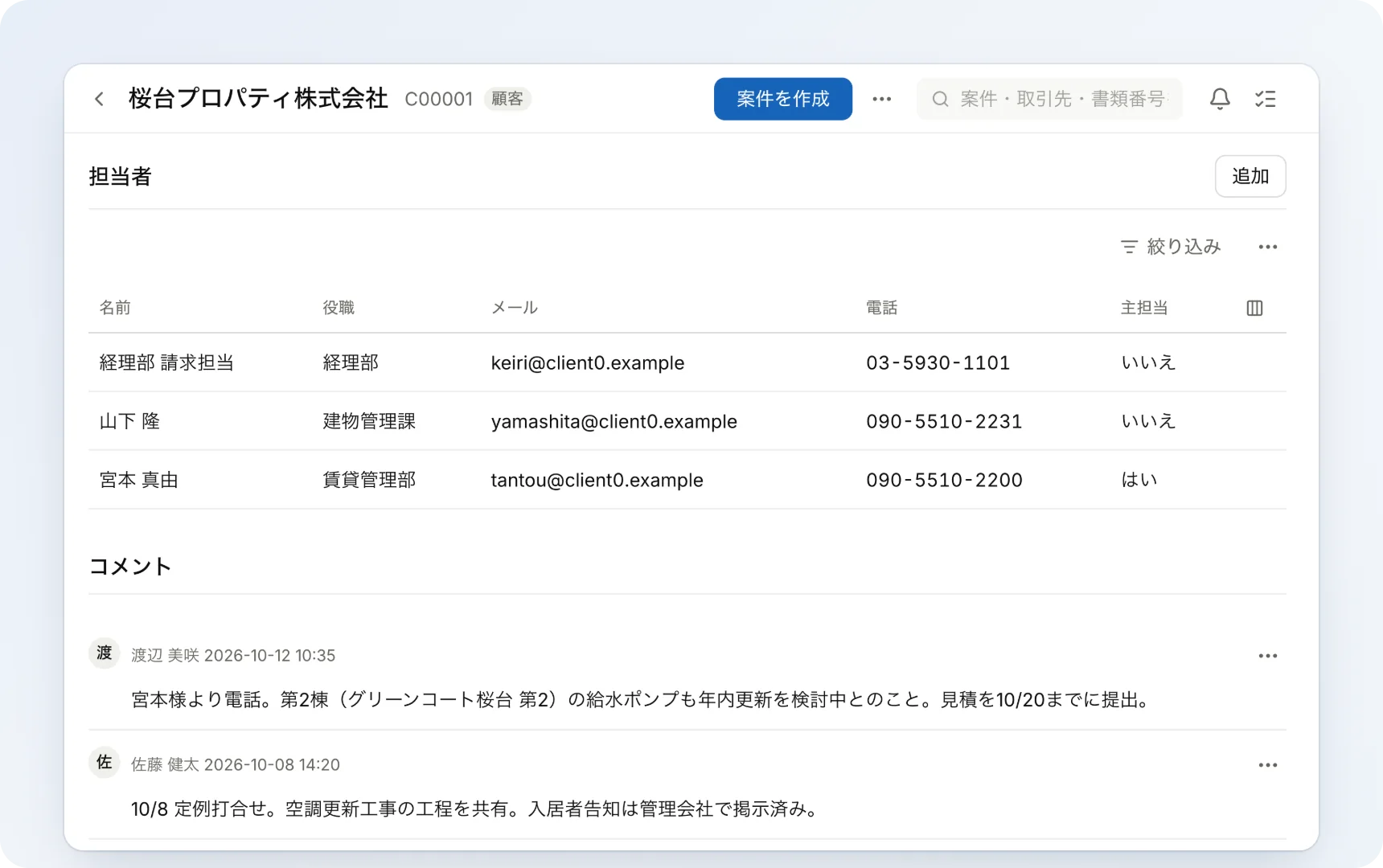 顧客ごとの担当者と対応履歴を表示した画面