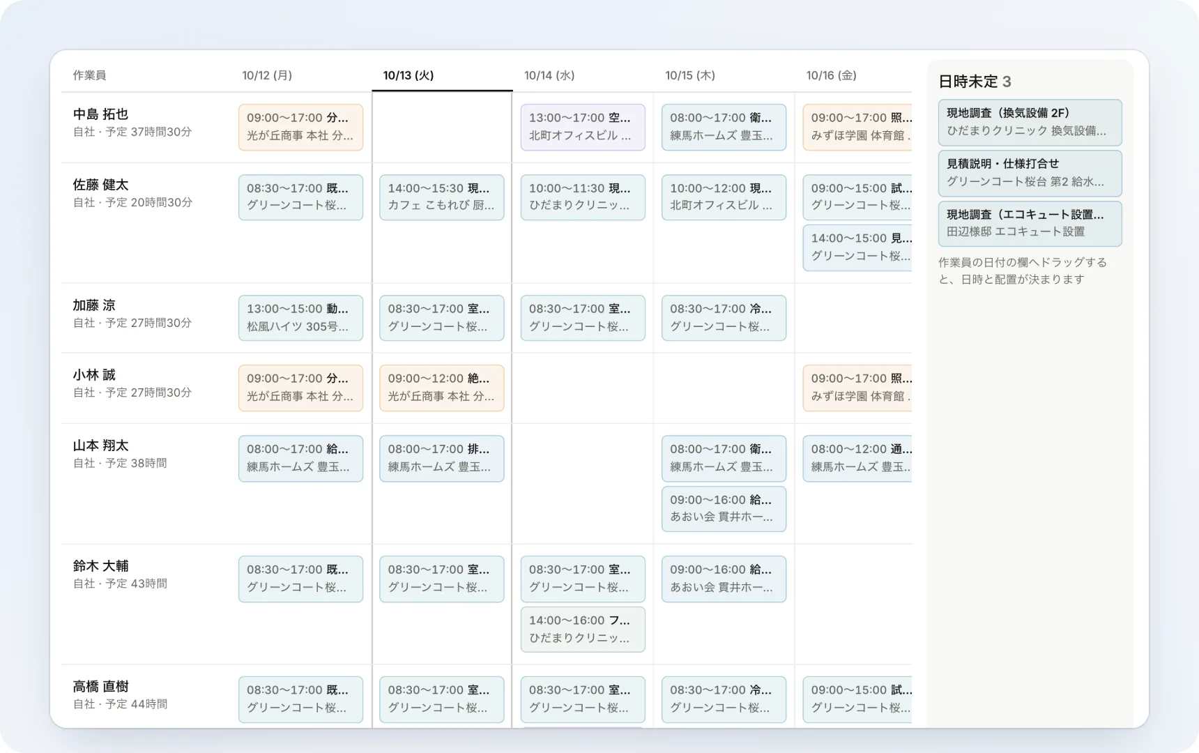 作業員ごとの現場配置を確認する割当表